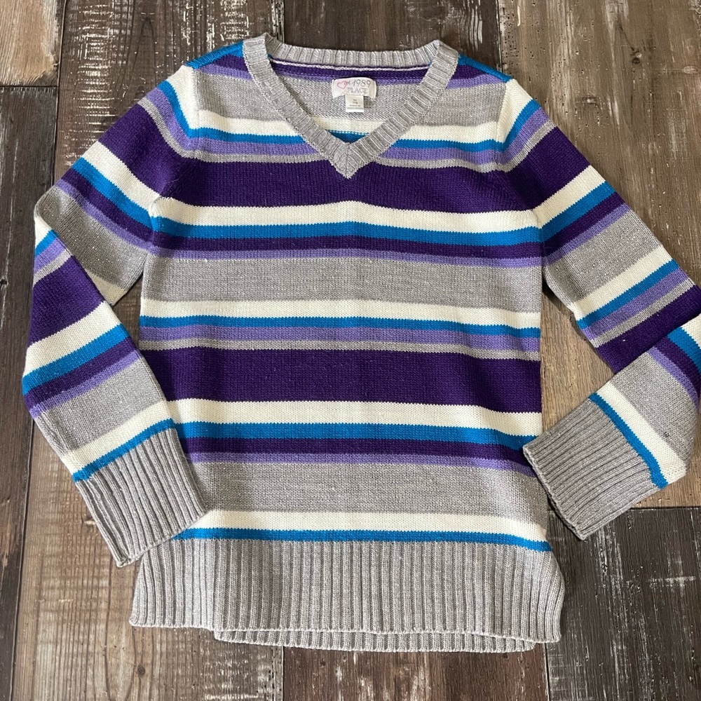 Place Striped V-Neck Sweater in Gray, Purple & Blue